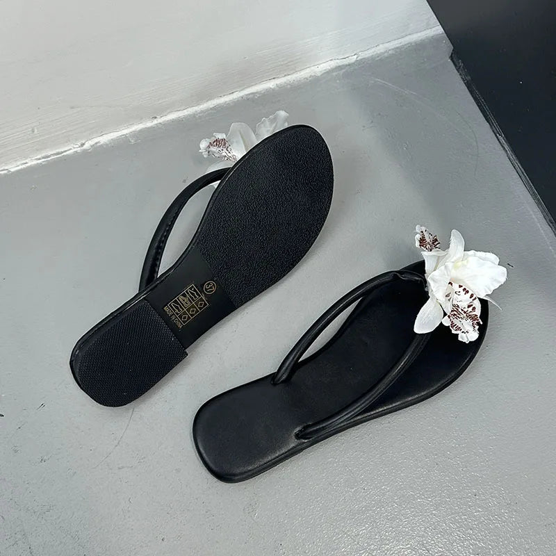 Pink Flower Flats Slippers Beach Round Toe Flip flops Flats Slippers Slides Sandals Shoes