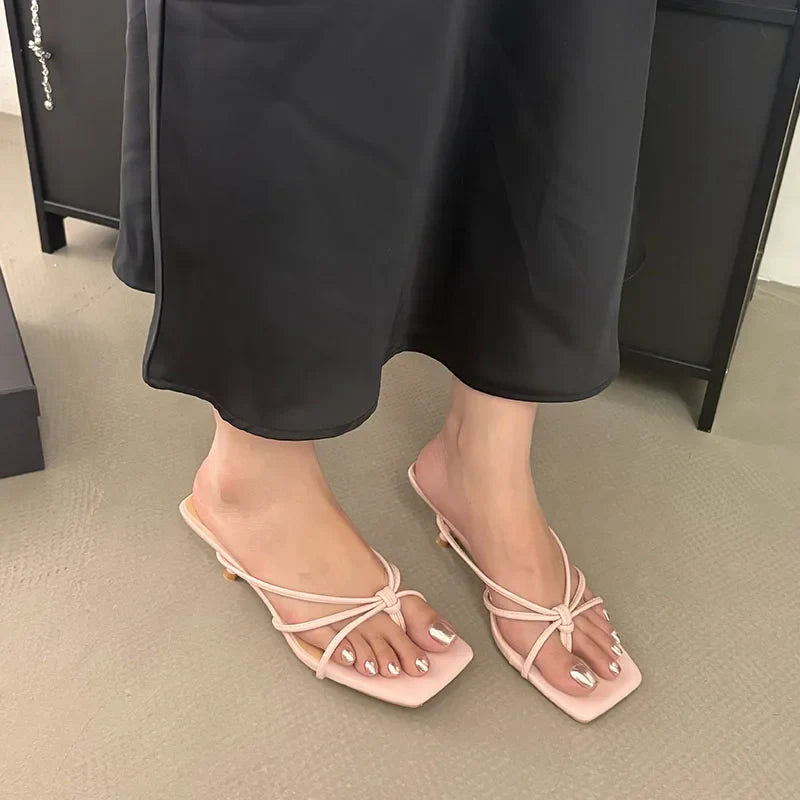 Shallow Thin Heel Slippers Slides Square Toe Medium Heel Sandals Shoes Flip flops Pumps
