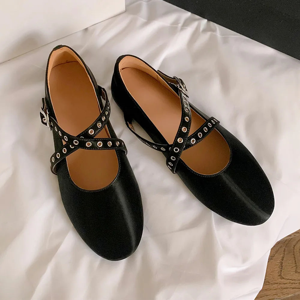Flats Genuine Leather Ballet Flats Round Toe Buckle Strap Casual Comfortable Shoes Woman Concise