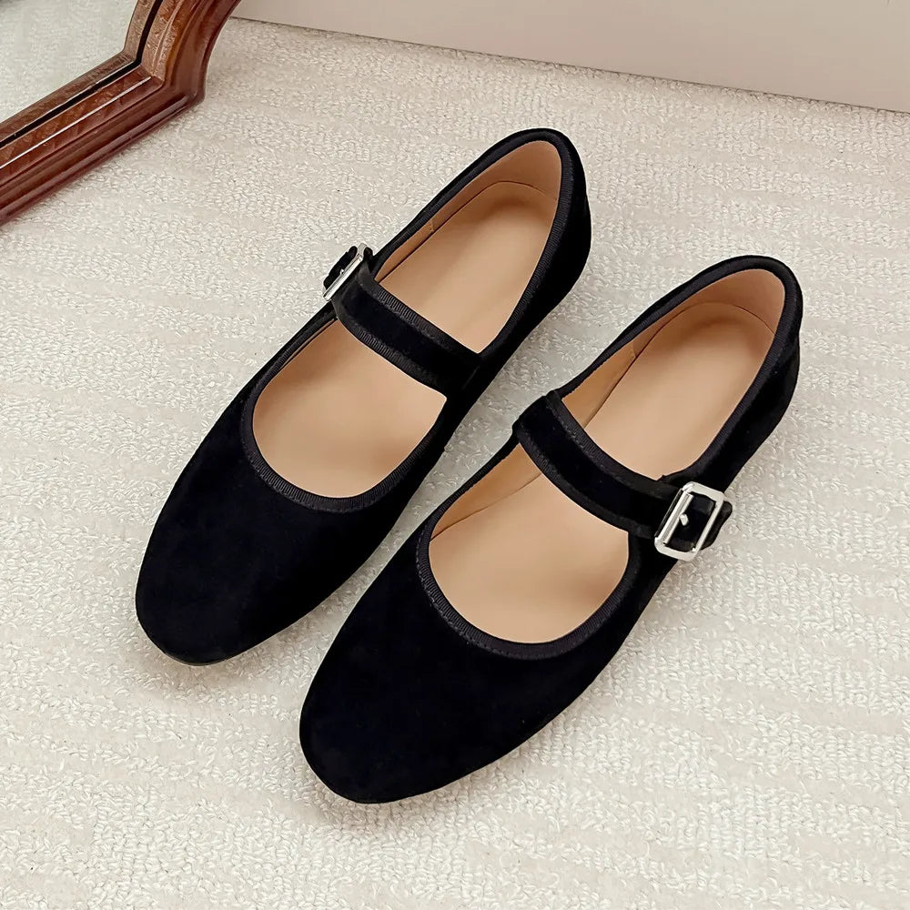 Flats Round Toe Genuine Leather Buckle Strap Mary Janes Office Lady Working Shoes Woman Concise