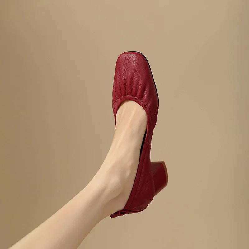 Oxford Shoes Vintage Pumps Mid Heels Square Toe Pumps Slip on Sewing High Heels Boat Shoes Elegant