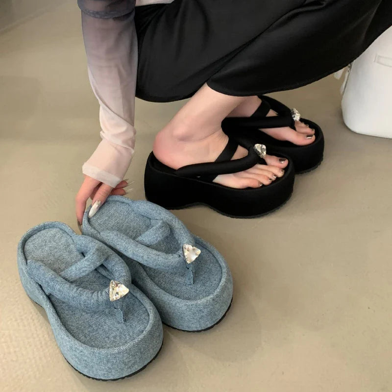 Satin Crystalline Thick-soled Flip Flops Shoes Open Toe Back Strap Casual Party Beach Sandals