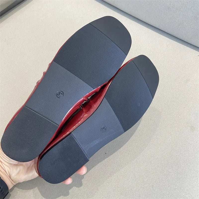 Pleated Mary Janes Flats Shoes Square Toe Pu Leather Comfortable Elegant Red Shoes Shallow Black Ballet Flats