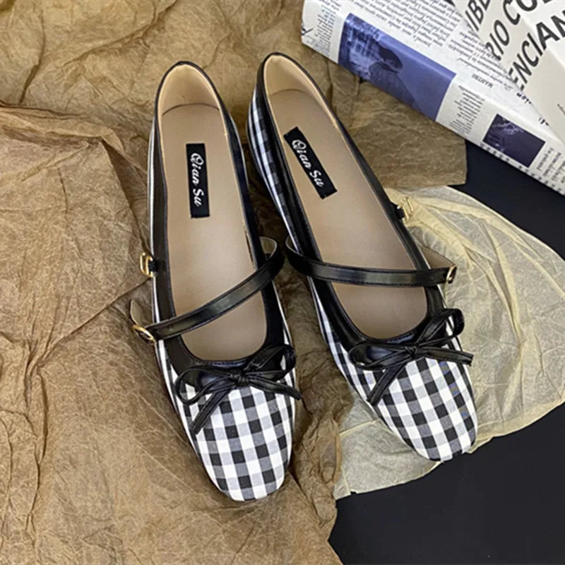 High Quality Checkered Design Mary Jane Shoes Inner Height Increase Flat Ballet Shoes Comfortable Soft Bottom