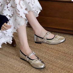 Rivet Decoration Mary Jane Shoes Retro Square Toe Comfort Soft Sole Ballet Flats Belt Buckle Shallow Shoe