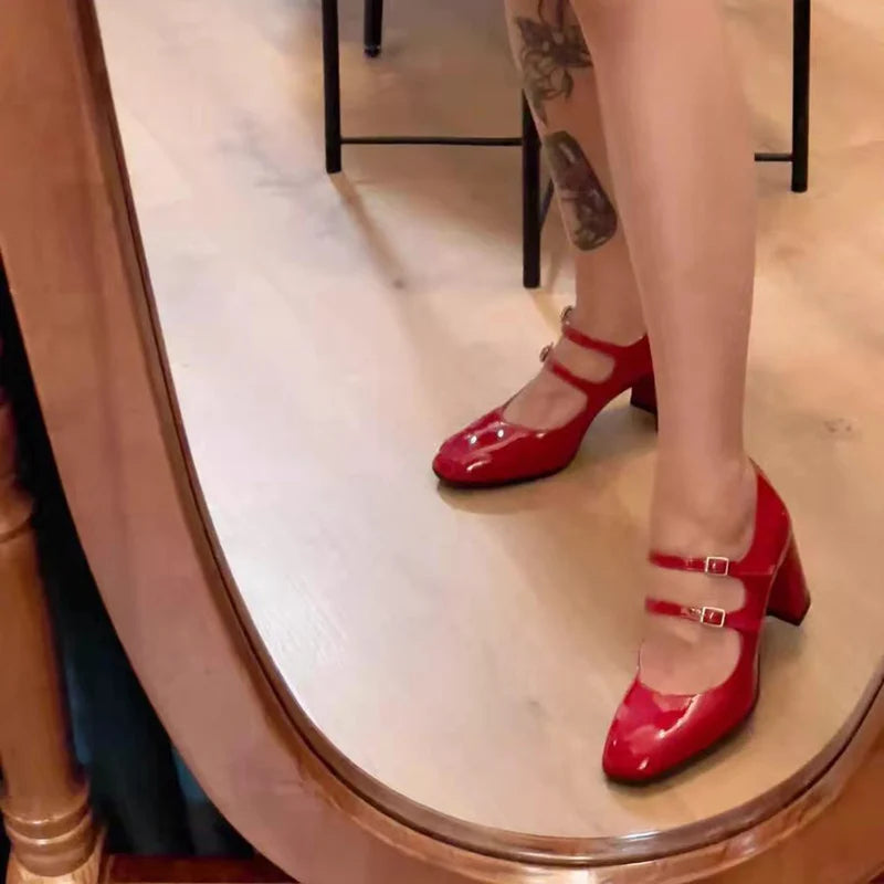 Patent Leather Square Toe Pumps Mary Jane Shoes Buckle High Heels Party Zapatos De Mujer