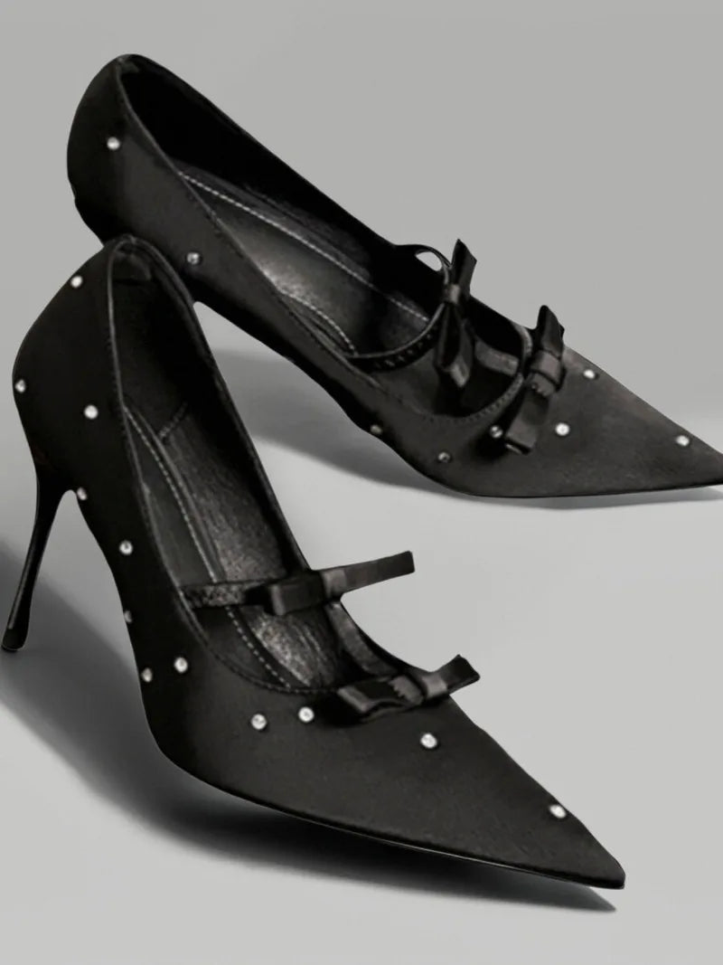 Thin Heel Shallow Mouth Single Shoes Banquet Bow Pointed Water Diamond Silk High Heels