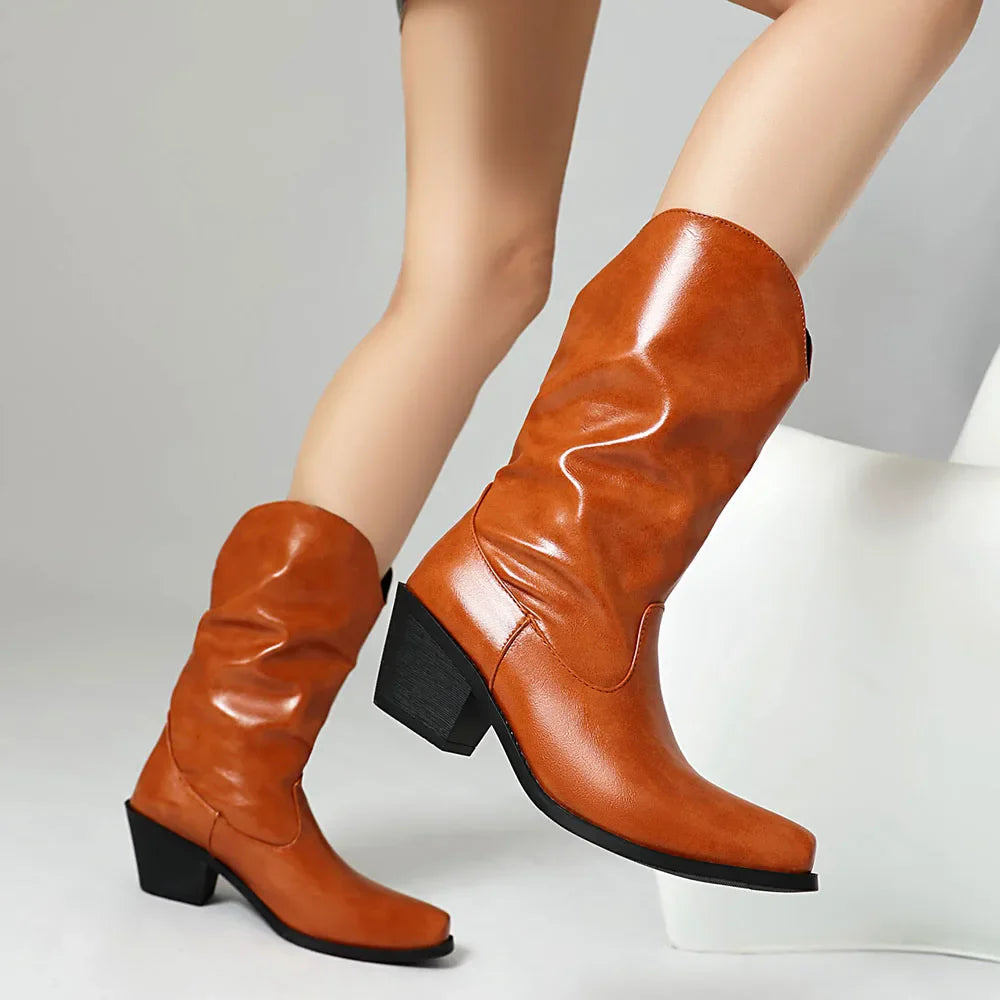Big Size 43 Square Toe Square Toe Mid Calf Boots Metal Chain Autumn/Party Shoes Woman