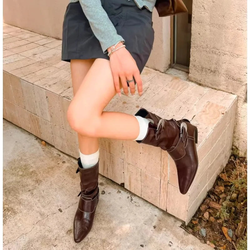 Round Toe Square Heel Elegant Mid-calf Boots Pin Buckle Decoration Solid Color Simple