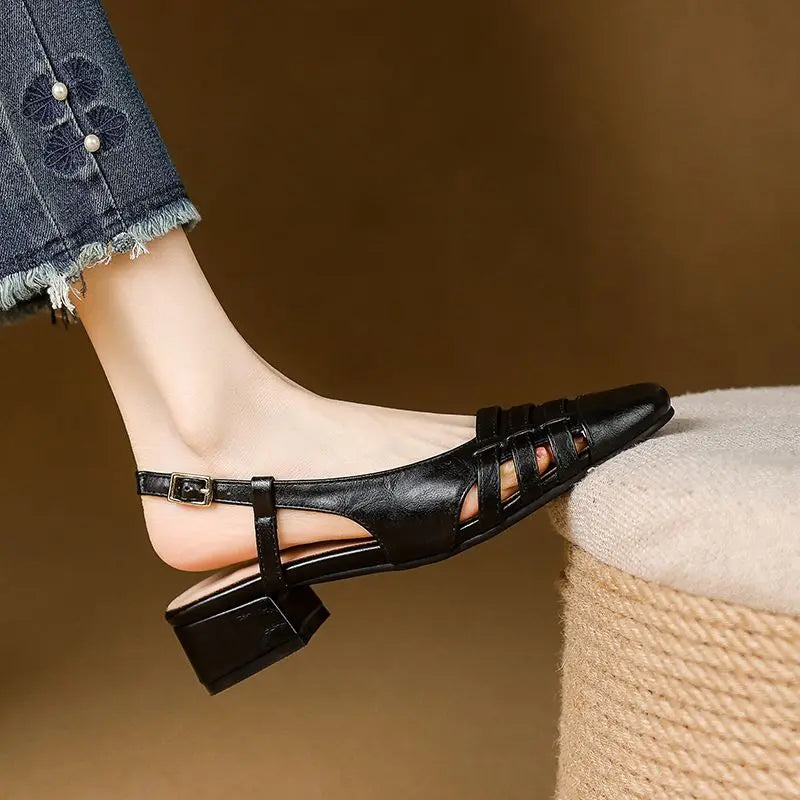 Design Vintage Square Toe Block Heels 3.5cm Back Buckle Strap Big Size 43 Dating Shoes 31 32