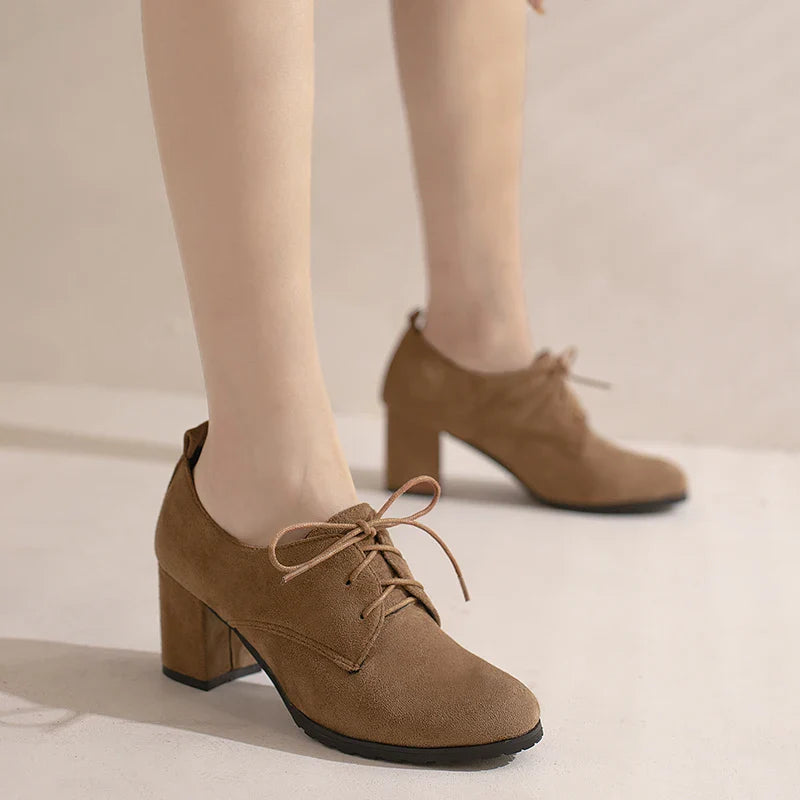 Retro Pumps Classics Flock Lace Up Office Round Toe Block High Heel Shoes Size 33-43 Black Brown