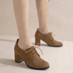 Retro Pumps Classics Flock Lace Up Office Round Toe Block High Heel Shoes Size 33-43 Black Brown