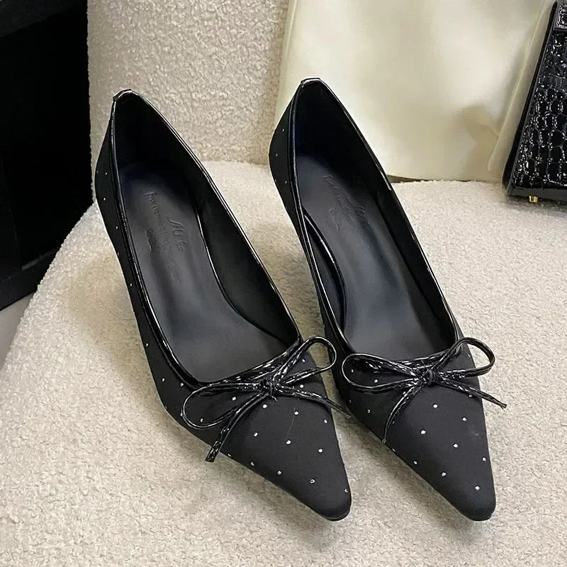 Rhinestone Bow Decoration Pointed Toe Satin Thin High Heels Elegant Banquet Shoes Mules Loafers