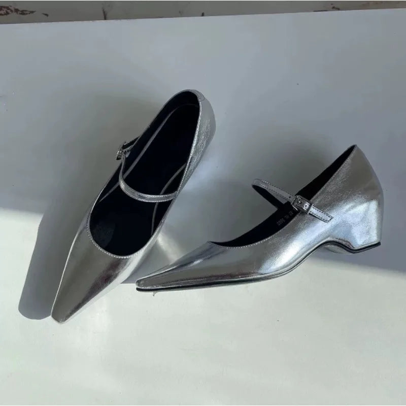 Pointed Toe Shoes Buckle Strap Solid Color Retro Brand 5CM High Heel Shallow Concise