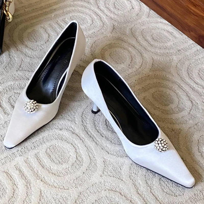 Silk Rhinestone High Heels Pointed Toe Pumps Elegant Office Shoes Shallow Brand Banquet