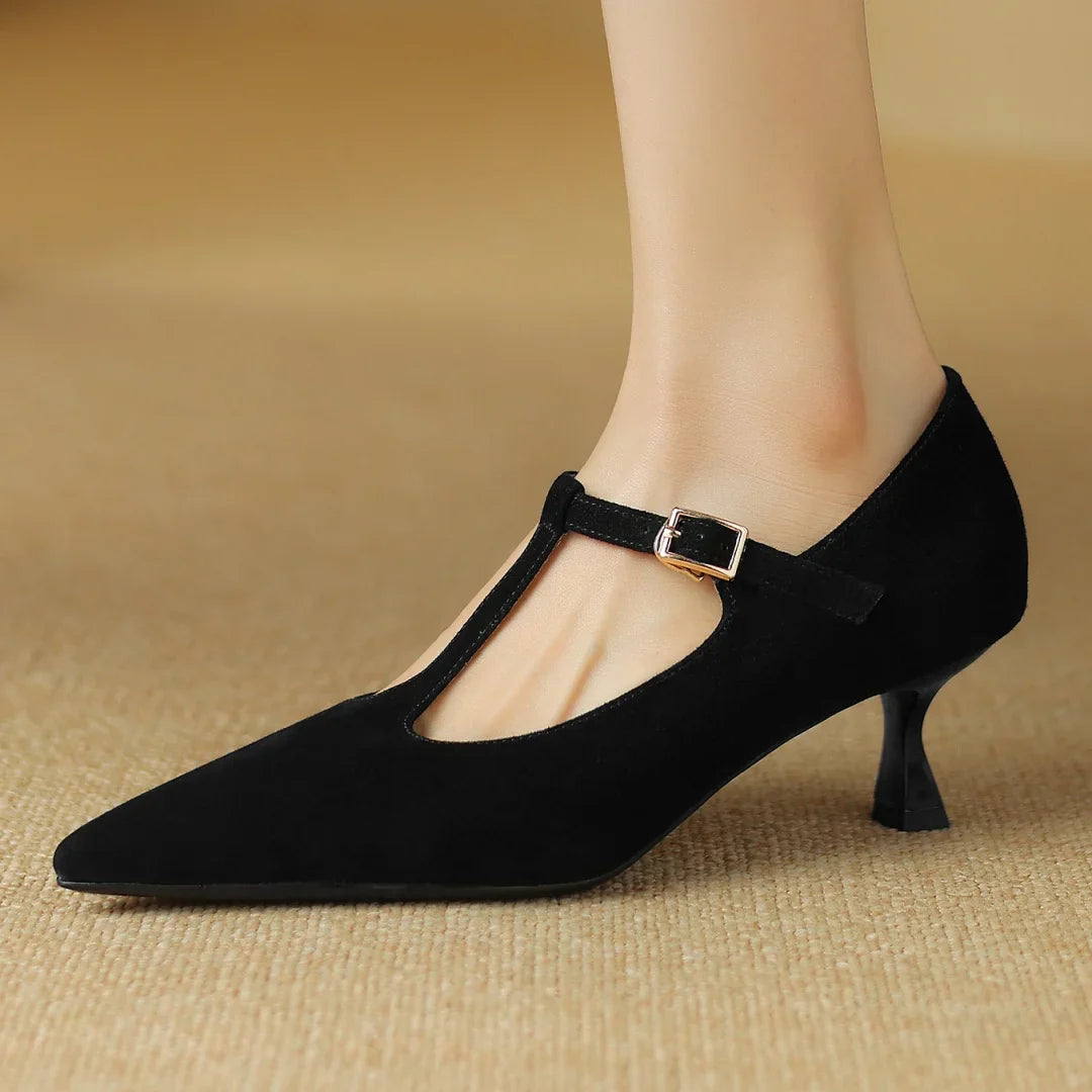 natural suede leather thin high heel pointed toe pumps elegant heeled retro heeled shoes