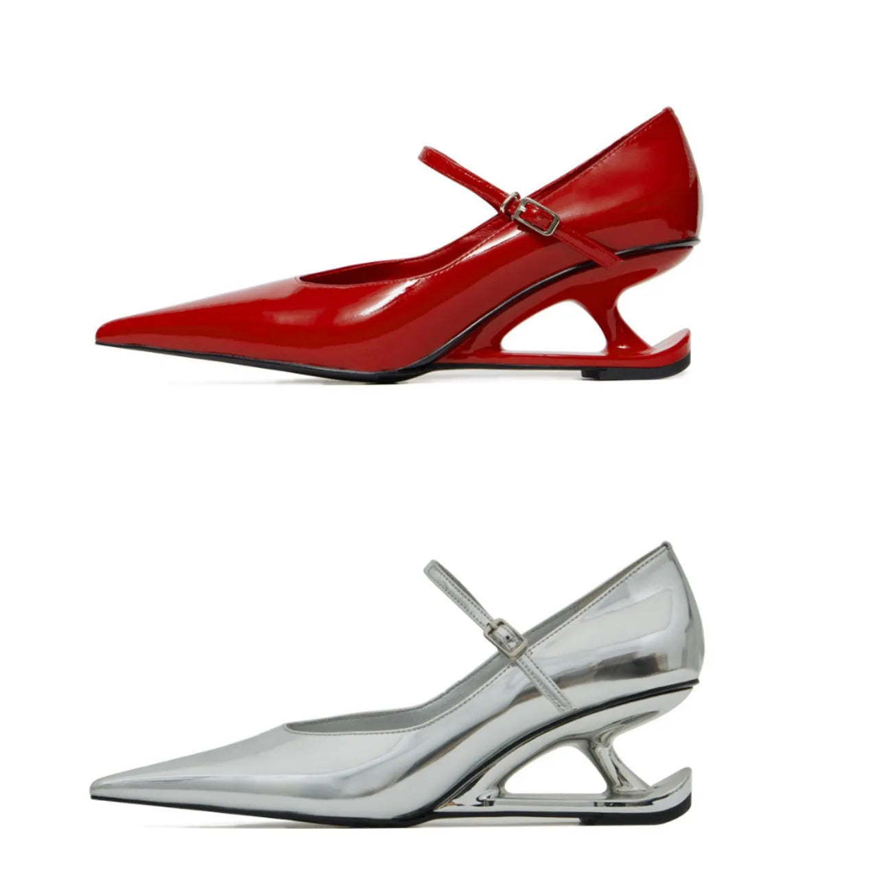 Red Heel Mary Jane Shoes Pointed Toe Style Buckle Leather Shoes Black Party
