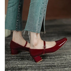 Buckle Mary Janes Shoes Patent Leather High Heels Pumps Retro Shoe Black Red