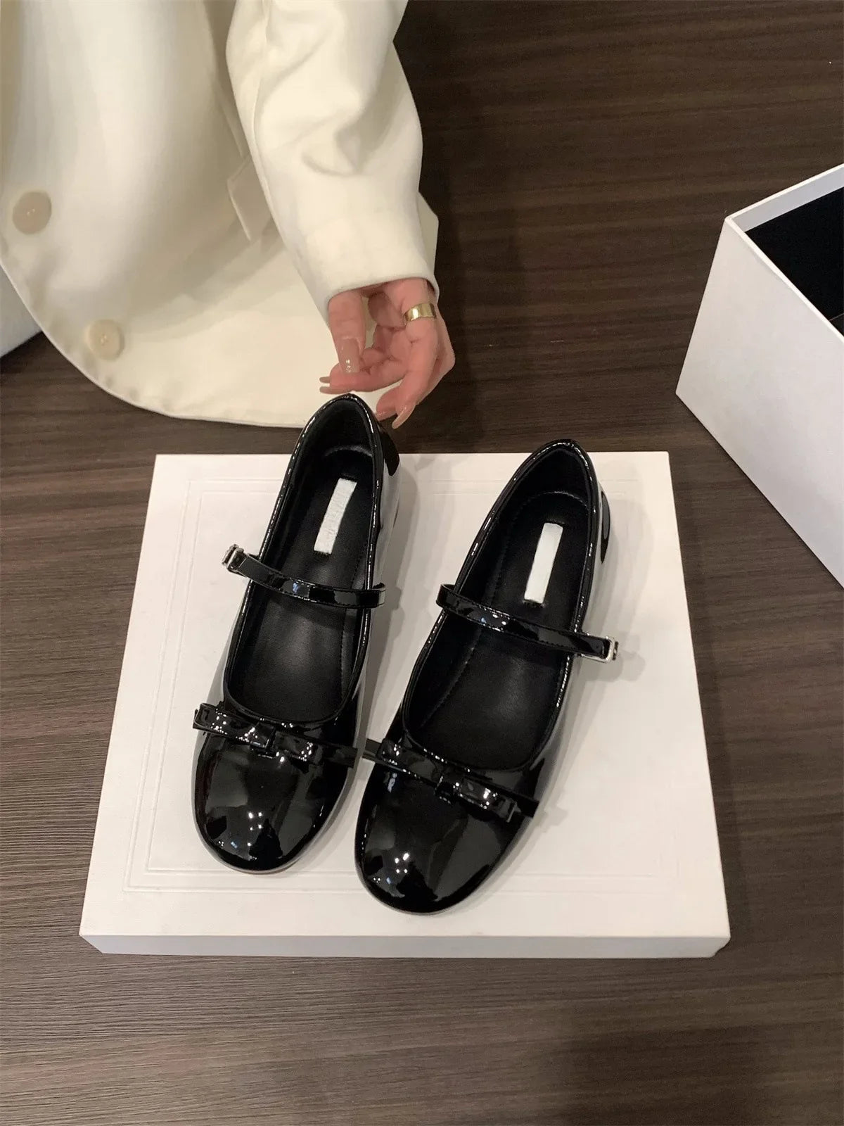 bouble bowtie flats japanned leather ballerina shoes height increasing bowknot ankle strap loafers slip on wedges