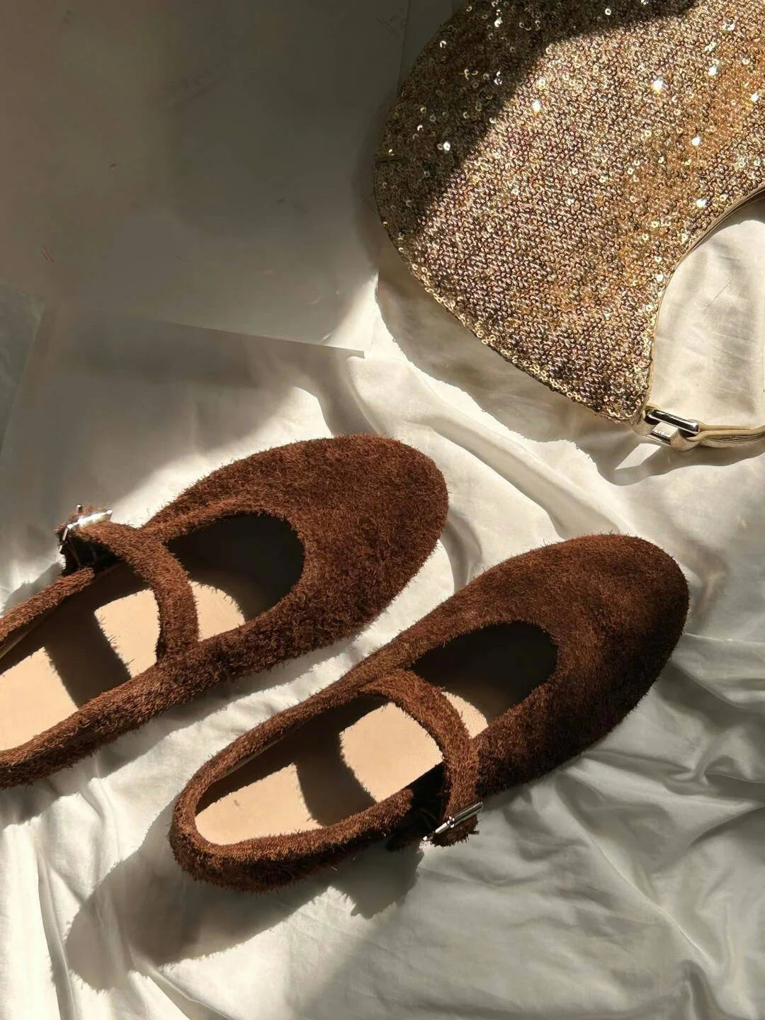Leather Mary Janes Flats Shoes Cow Suede Buckle Strap Ballet Flats Shoes Shallow Soft Casual Loafers