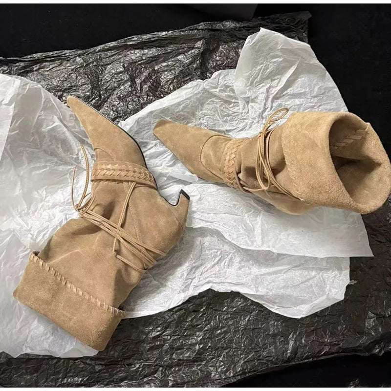 Faux Suede Weave Lace-up Motorcycle Boots High heels Chelsea Western Mid-Calf Short Booties Shoes
