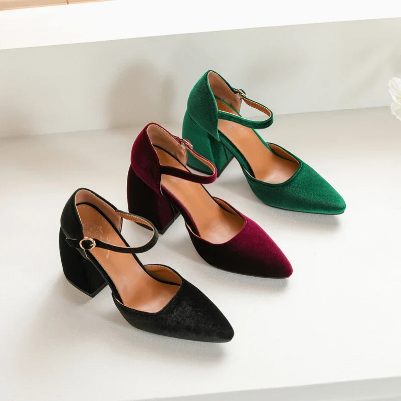 Elegant Velvet High Heels Shoes Ankle Straps Black Green Heeled Pointy Party Shoe Dress Pumps 45