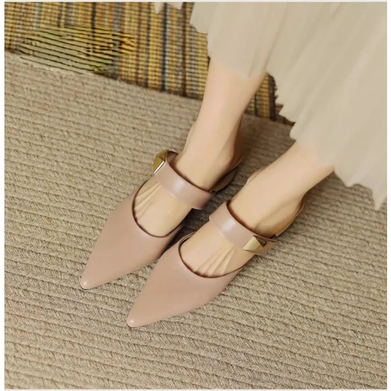 Pointed Metal Decorate Muller Shoes Platform Casual Half Slippers High Heel Woman Sandals