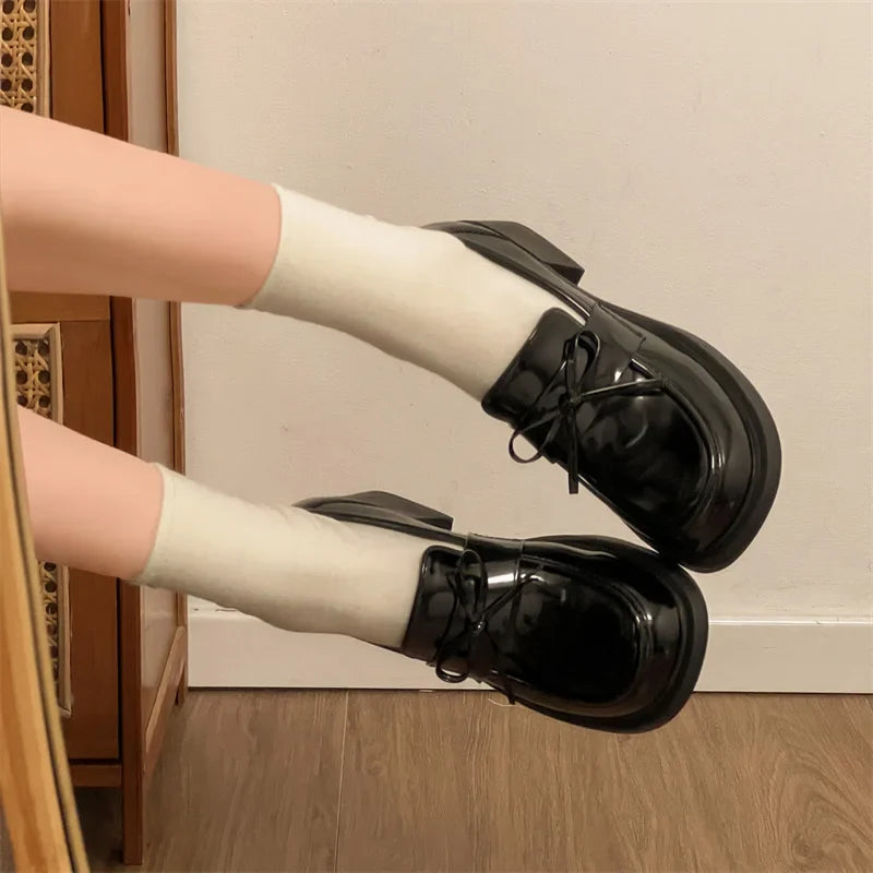 College Style Platform Loafers Shoes Shallow Slip On Shoes Elegant Thick Heel Leather Shoes