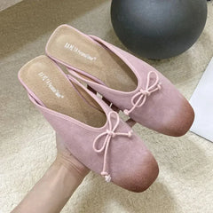 Mixed Color Bow Satin Square Toe Flat Slippers Comfortable Casual Shallow Elegant Mule Shoes Zapatillas De Mujer