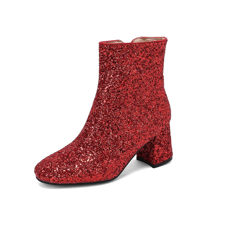 Big Size 48 49 50 Gold Silver Blue Sequined Cloth Glitter Shoes Chunky High Heels Bling Party Ankle Chelsea Boots