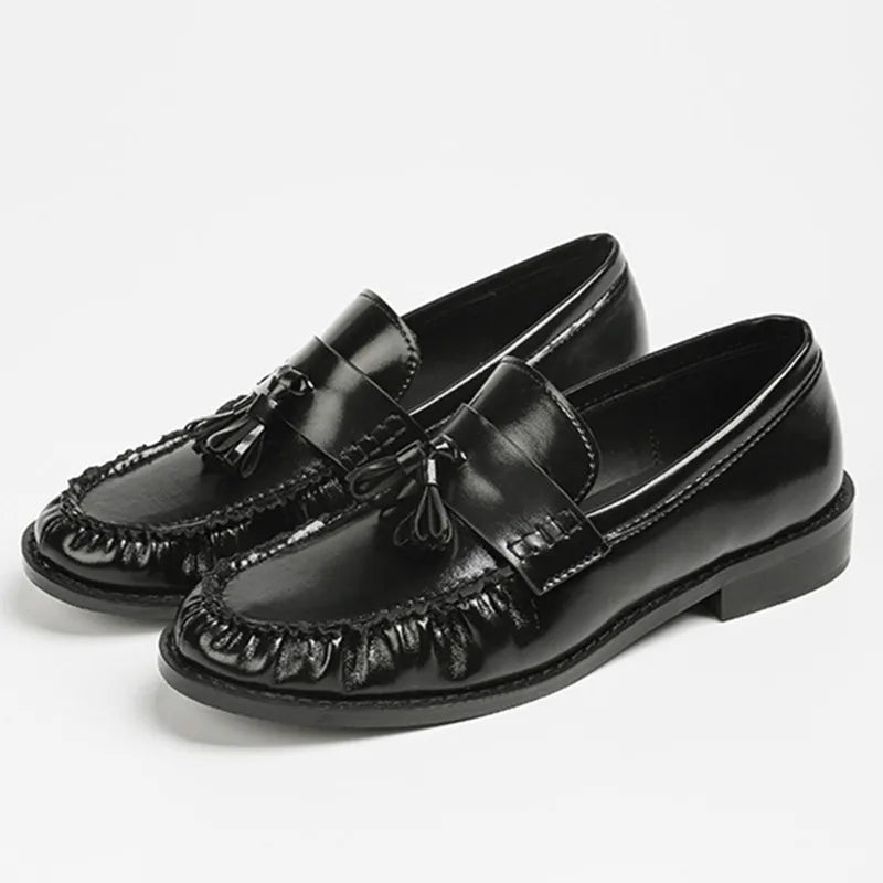 Patent Leather Tassel Design Loafers Square Heel Flat Shoes Comfortable College Style Shoes Zapatos De Mujer