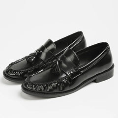 Patent Leather Tassel Design Loafers Square Heel Flat Shoes Comfortable College Style Shoes Zapatos De Mujer