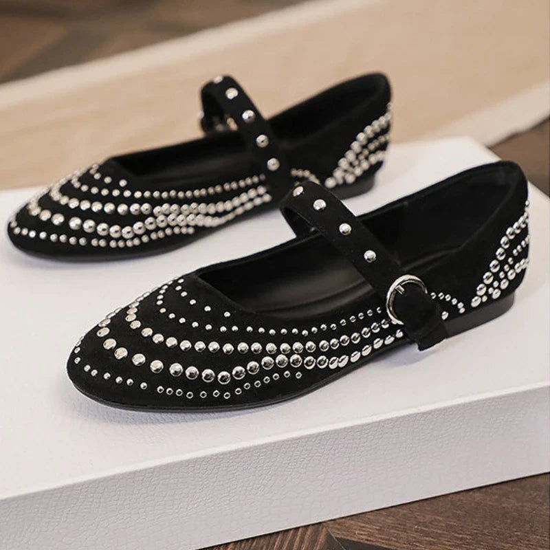 Retro Rivet Mary Jane Shoes Belt Buckle Shallow Round Toe Single Shoes Suede Elegant Ladies