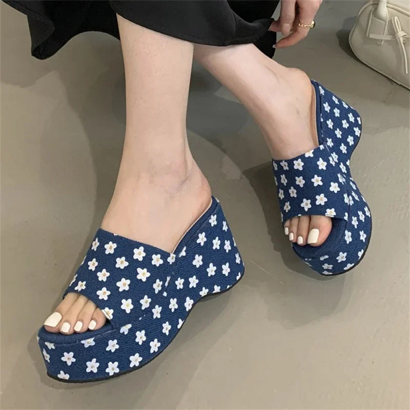 Flower Platform Wedges Woman Slippers Open Toe Chunky High Heels Slides Shoes