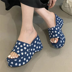 Flower Platform Wedges Woman Slippers Open Toe Chunky High Heels Slides Shoes