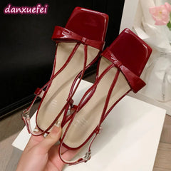 Patent Leather Narrow Band Thin High Heel Cross Strap Sweet Bowtie Sandals Elegant Pumps Shoes