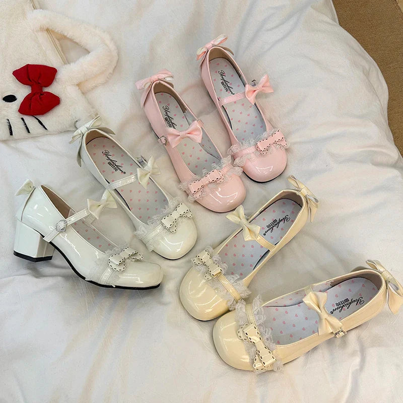 Lolita Style Cute Round Head Jane Pumps with Bow Sweet Party Dress Midi Heels Shoes PU Sandals