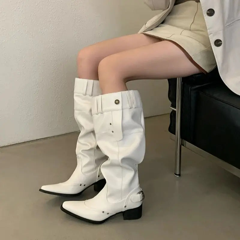 Black Boot Knee High Long Shoes Woman Pointed Toe Chunky Heels White Boots Belt Buckle Rivet Wide-Leg Shoe