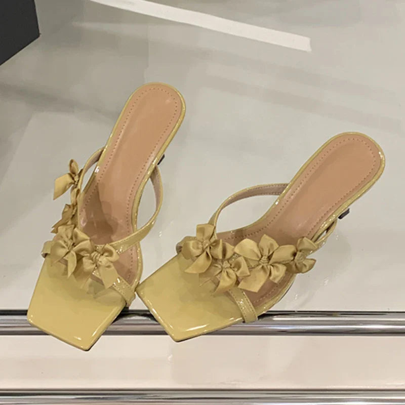 Yellow Silk Flowers Narrow Band Square Toe Mules Low Thin Heels Slippers Gladiator Sandals Shoes
