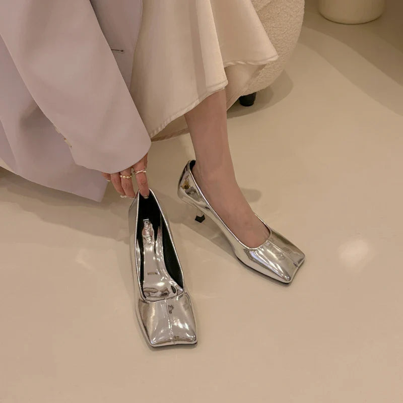 Gold Pumps Shoes Thin High Heels Square Toe Shallow Slip on Work Office Elegant Wedding Shoes