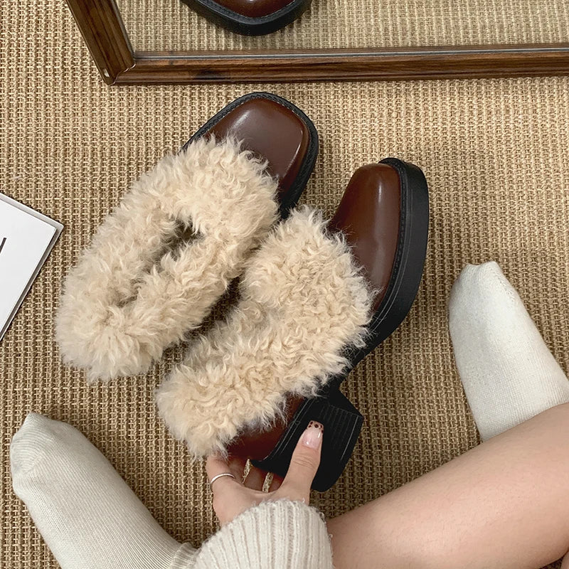 Fur Lining Mary Jane Shoes Elegant Square Toe Slip 2026 Keep Warm Thick Heel Single Shoes