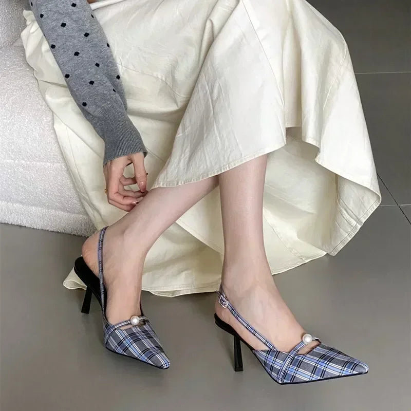 Pointed Toe Retro Plaid High Heels Elegant Slingbacks Shoes Office Sandalias De Mujer
