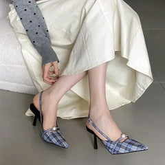 Pointed Toe Retro Plaid High Heels Elegant Slingbacks Shoes Office Sandalias De Mujer