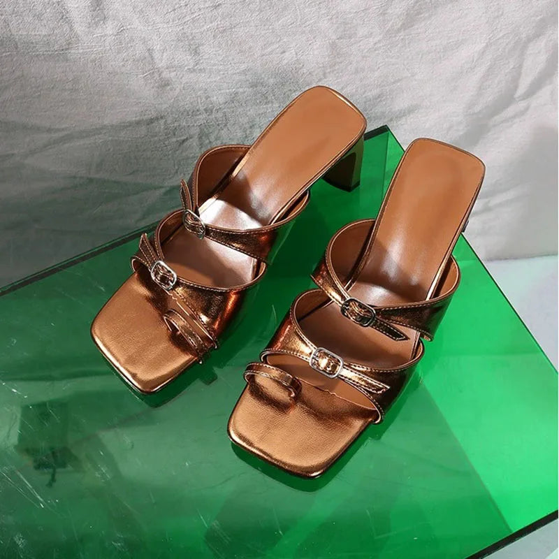 Antique Brown Patent Leather Double Buckle Strap Slides Square Open Toe Low Block Heel Sandals Flip Flops Shoes