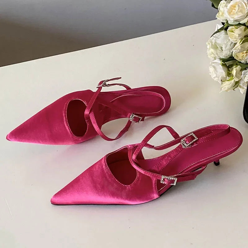 Elegant Narrow Band Buckle Strap Woman Pumps Pointed Toe Thin Low Heels Party Dress