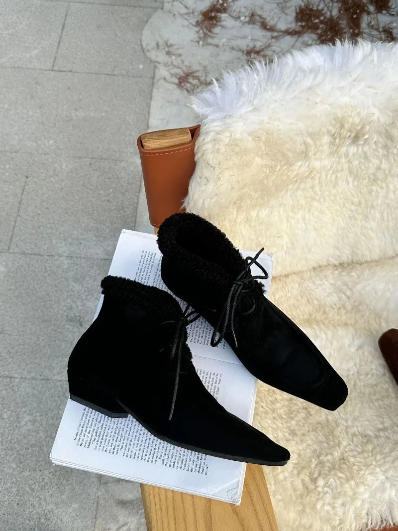 Lace Up Short Fluffy Warm Ankle Boots Comfort Square Toe Chunky Suede Short Boots Low Heels Party Shoes