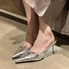 Silver White Butterfly-knot Pointed Toe Slippers Shoes Elegant Party Dress Thin Heels Sandals