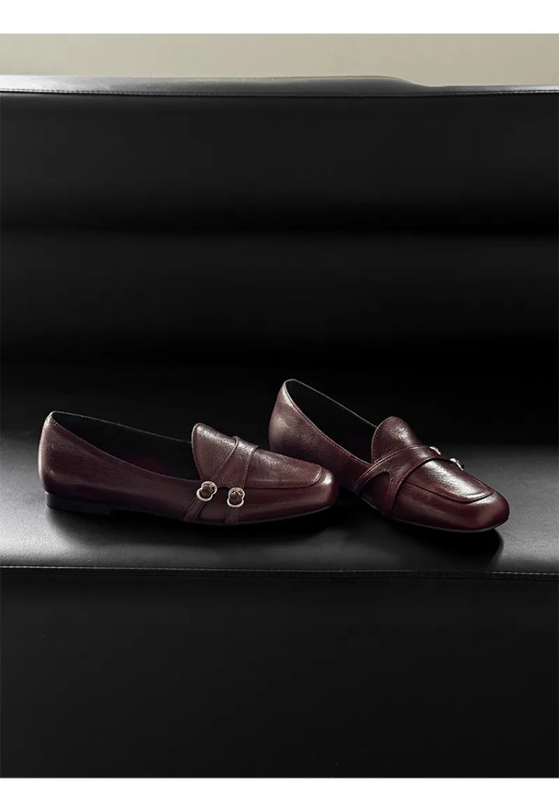 Elegant Burgundy Square Toe Loafers Metal Buckle Stitching Shoes Comfortable Commuting Flat Office Shoes