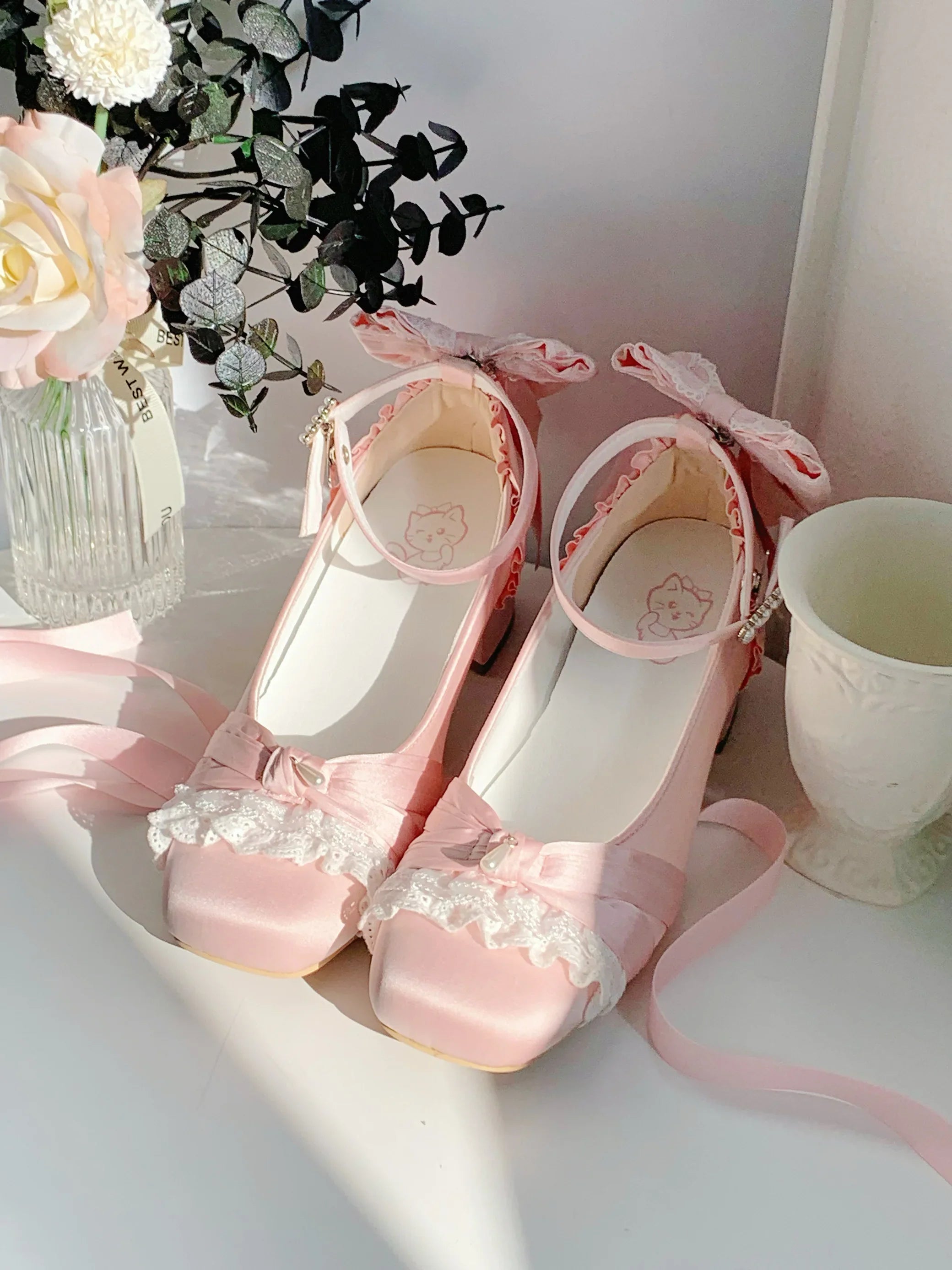Pink Lolita Shoes Ballet Thick Heel High Heels Mary Jane Shoes Satin Elegant Platform Waterproof Pumps Original