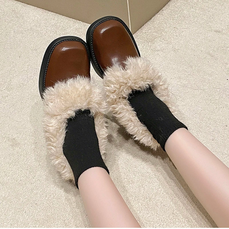 Fur Lining Mary Jane Shoes Elegant Square Toe Slip 2026 Keep Warm Thick Heel Single Shoes